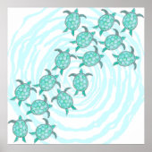 水彩ティール(緑がかった色)ウミガメ渦巻形のオンストライプズ ポスター (正面)