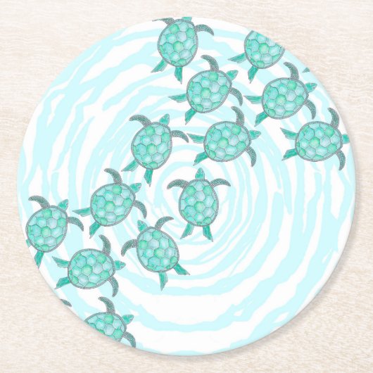 水彩ティール（緑がかった色）ウミガメ渦巻形のオンストライプズ ラウンドペーパーコースター (正面)