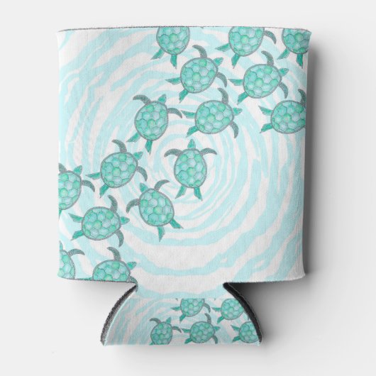 水彩ティール（緑がかった色）ウミガメ渦巻形のオンストライプズ 缶クーラー (正面)