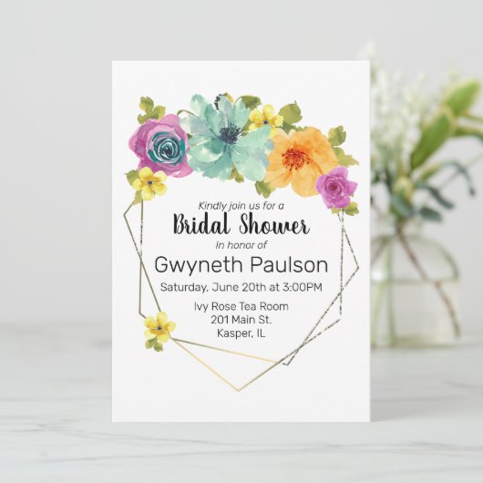 水彩ティール（緑がかった色）オレンジイエローピンクフローラ金ゴールド 招待状 (スタンド正面)