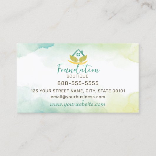 水彩ティール(緑がかった色)グリーンイエローファンデーションハウス 名刺 (正面)