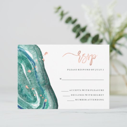 水彩ティール(緑がかった色)グード及びフェイクバラ金ゴールドRSVP 出欠カード (スタンド正面)