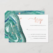 水彩ティール(緑がかった色)グード及びフェイクバラ金ゴールドRSVP 出欠カード (正面/裏面)