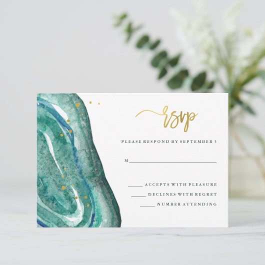 水彩ティール（緑がかった色）ゲードとフェイク金ゴールドウェディングRSVP 出欠カード (スタンド正面)