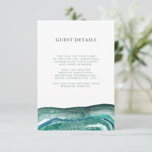 水彩ティール（緑がかった色）ゲ結婚ードのゲスト情報 エンクロージャーカード (スタンド正面)
