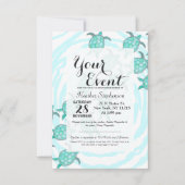 水彩ティール（緑がかった色）シータートルズオン渦巻形のストライプ 招待状 (正面)