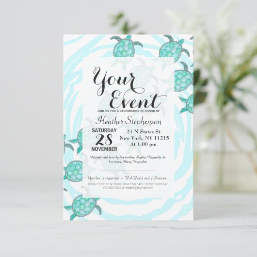 水彩ティール（緑がかった色）シータートルズオン渦巻形のストライプ 招待状 (スタンド正面)