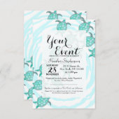 水彩ティール（緑がかった色）シータートルズオン渦巻形のストライプ 招待状 (正面/裏面)