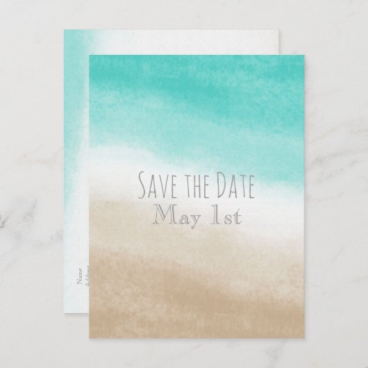 水彩ティール（緑がかった色）&タンビーチ結婚式日付を保存 案内ポストカード (正面/裏面)