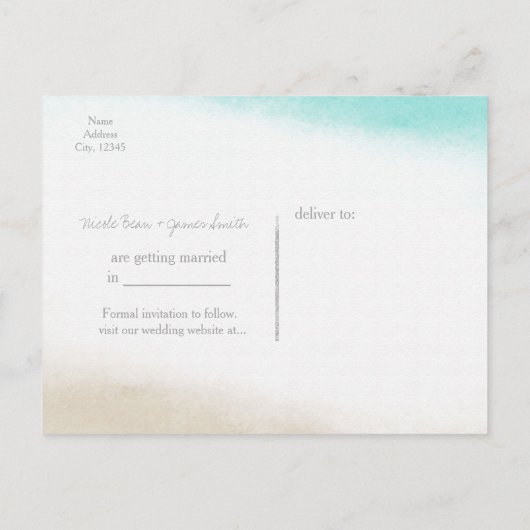 水彩ティール（緑がかった色）&タンビーチ結婚式日付を保存 案内ポストカード (裏面)