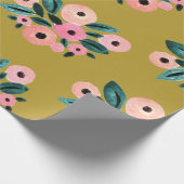 水彩ティール（緑がかった色）、ピンクおよび金ゴールドフローラ ラッピングペーパー (角)
