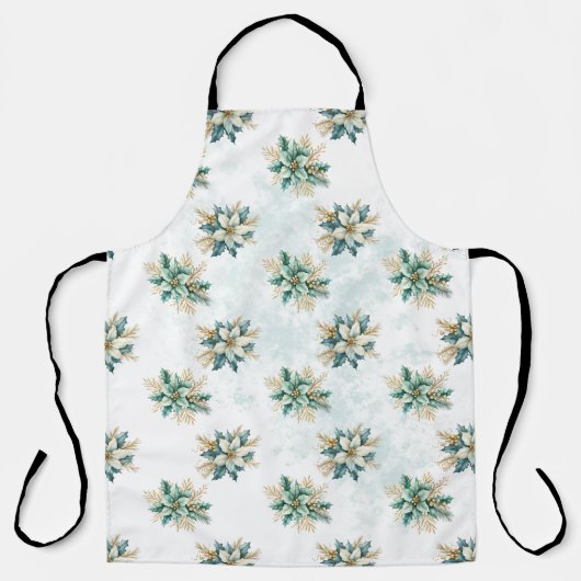 水彩ティール（緑がかった色）フローラクリスマスホリデーエプロン エプロン (正面)
