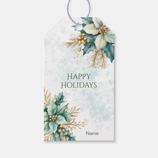 水彩ティール（緑がかった色）フローラクリスマスホリデーギフトラベル ギフトタグ (正面)