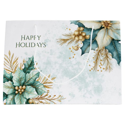 水彩ティール（緑がかった色）フローラクリスマスホリデー抱き枕 ラージペーパーバッグ (正面)