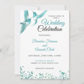 水彩ティール(緑がかった色)フローラハミングバ結婚ードズ 招待状 (正面)