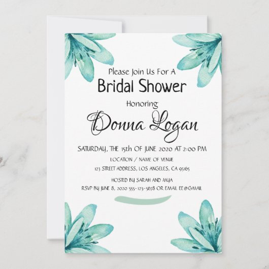 水彩ティール（緑がかった色）フローラパーソナライズされたブライダルシャワー 招待状 (正面)
