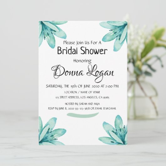 水彩ティール（緑がかった色）フローラパーソナライズされたブライダルシャワー 招待状 (スタンド正面)