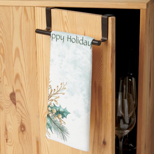 水彩ティール(緑がかった色)フローラホリデーキッチンタオル キッチンタオル (三つ折り)