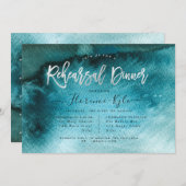 水彩ティール(緑がかった色)ブルー+シルバーフェイクリハーサルディナー 招待状 (正面/裏面)
