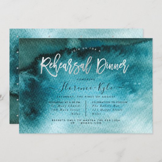 水彩ティール(緑がかった色)ブルー+シルバーフェイクリハーサルディナー 招待状 (正面/裏面)