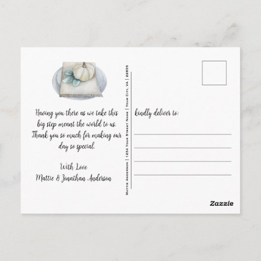 水彩ティール(緑がかった色)及びアイボリー結婚サンキューカード ポストカード (裏面)