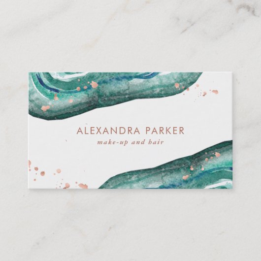 水彩ティール(緑がかった色)及びフェイクバラ金ゴールドダイオード 名刺 (正面)