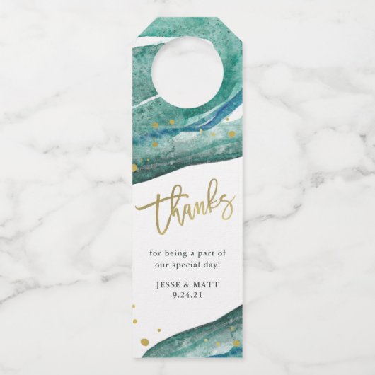 水彩ティール(緑がかった色)及び金ゴールド | 感謝してい ボトルネックタグ (正面)