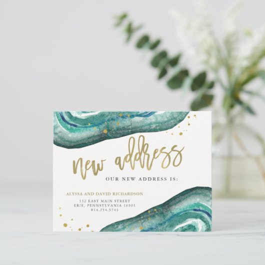 水彩ティール（緑がかった色）及び金ゴールド |新しいアドレス 案内ポストカード (スタンド正面)