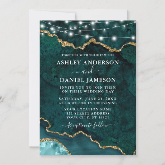 水彩ティール（緑がかった色）大理石ゲートGEODEライト結婚ズ 招待状 (正面)