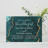 水彩ティール(緑がかった色)大理石金ゴールドフォト結婚ズ 招待状 (スタンド正面)