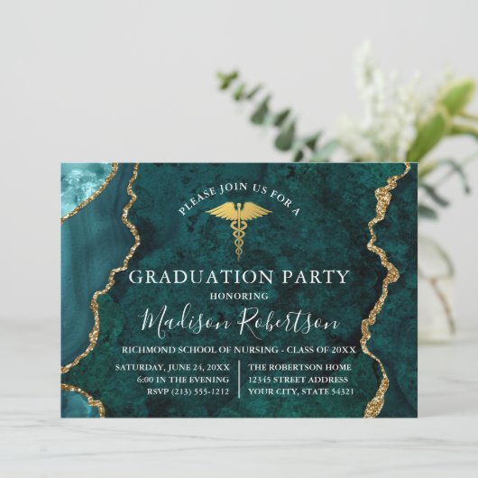 水彩ティール(緑がかった色)大理石金ゴールドメディカルグラードパーティー 招待状 (スタンド正面)
