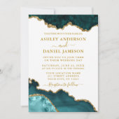 水彩ティール（緑がかった色）白金ゴールド大理石Geode写真 招待状 (正面)