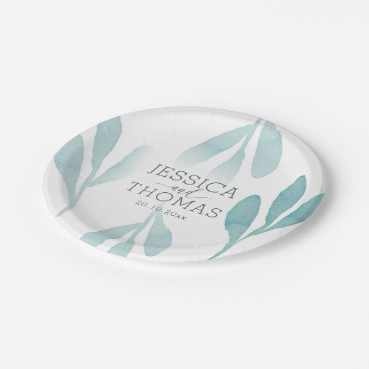 水彩ティール(緑がかった色)紅葉ウェディングパーティー ペーパープレート (アングル)