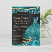 水彩ティール(緑がかった色)&金ゴールドグリッタードレスSweet sixteen 招待状 (スタンド正面)