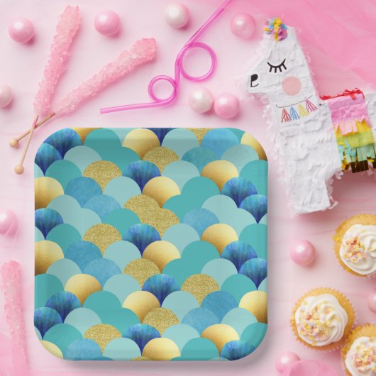 水彩ティール(緑がかった色)金ゴールドグリッターマーメイド紙プレート ペーパープレート (パーティー)