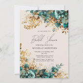 水彩ティール(緑がかった色)金ゴールドフローラブライダルシャワー 招待状 (正面)