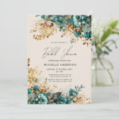 水彩ティール(緑がかった色)金ゴールドフローラブライダルシャワー 招待状 (スタンド正面)