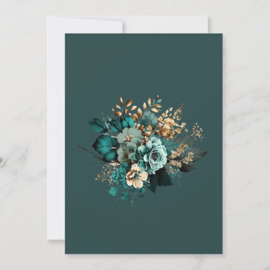 水彩ティール(緑がかった色)金ゴールドフローラブライダルシャワー 招待状 (裏面)