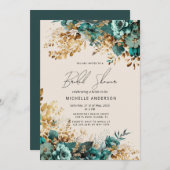 水彩ティール(緑がかった色)金ゴールドフローラブライダルシャワー 招待状 (正面/裏面)