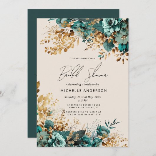 水彩ティール(緑がかった色)金ゴールドフローラブライダルシャワー 招待状 (正面/裏面)