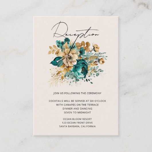 水彩ティール(緑がかった色)金ゴールドフローラ披露宴 エンクロージャーカード (正面)