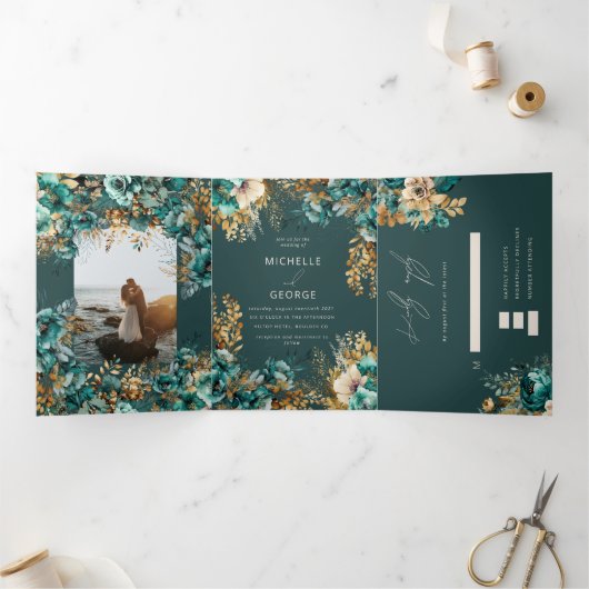 水彩ティール(緑がかった色)金ゴールドフローラ 三つ折り招待状 (内部)