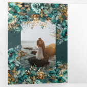 水彩ティール(緑がかった色)金ゴールドフローラ 三つ折り招待状 (内部最初)