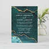水彩ティール（緑がかった色）金ゴールドマーブルゲート結婚ーズ 招待状 (スタンド正面)