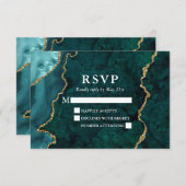 水彩ティール（緑がかった色）金ゴールド大理石ゲートジ結婚オード 出欠カード (正面/裏面)