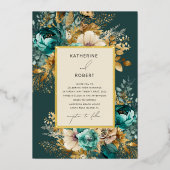 水彩ティール(緑がかった色)金ゴールド結婚フローラ 箔招待状 (正面)