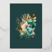 水彩ティール(緑がかった色)金ゴールド結婚フローラ 箔招待状 (裏面)