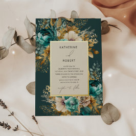 水彩ティール(緑がかった色)金ゴールド結婚フローラ 箔招待状