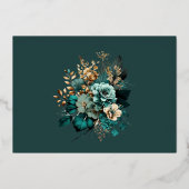 水彩ティール（緑がかった色）金ゴールド結婚フローラ 箔招待状 (裏面)