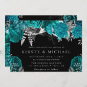 水彩ティール（緑がかった色）銀バラ結婚ズ 招待状 (正面/裏面)